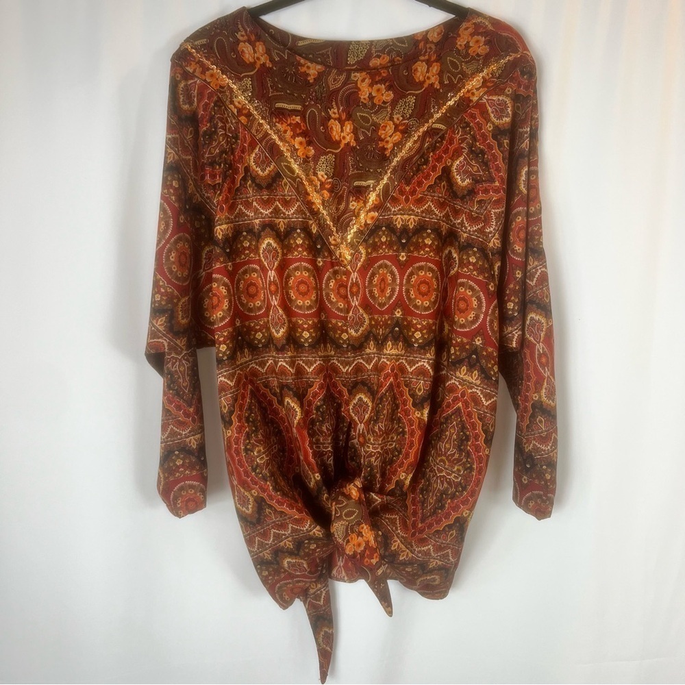Vintage Carole Little NeoClassical Art-to-Wear Blouse Boho Paisley Tie-Front 10